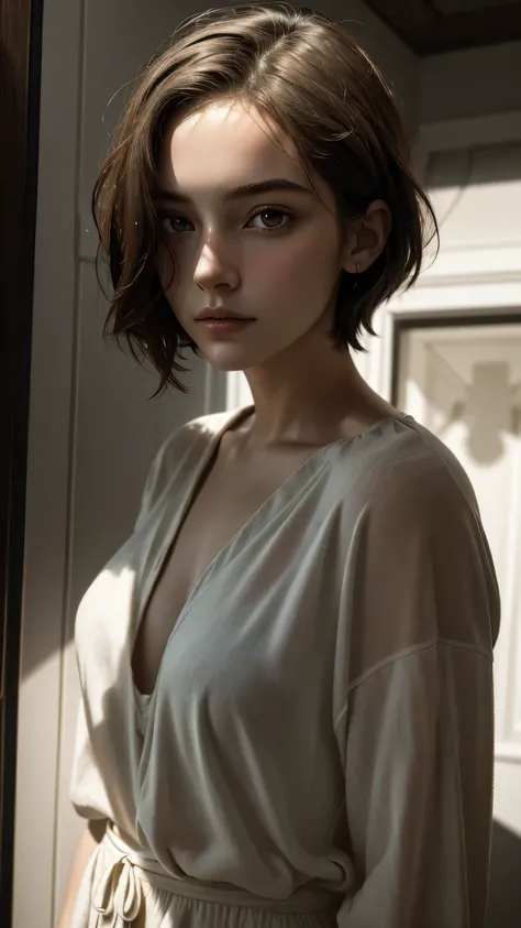 An intriguing professional close-up portrait of a beautiful girl with casual outfit and short hair, emerges from the depths of shadow and light, using film camera, where the subjects piercing gaze captivates the viewer, hinting at untold stories and unspok...