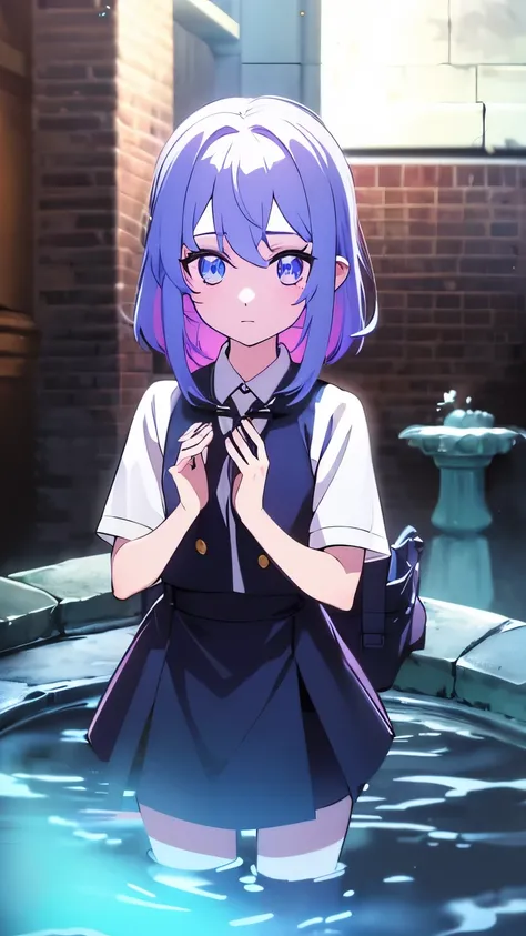 1 girl ,(big Stigmata) , School courtyard, (floating hair), ((in courtyard fountain)), character focus, wearing magic schoolboy uniform ((black light)),((dark lighting)), cinematic lighting ,(darkness), (concept art), ((innocent face)), blue short straight...