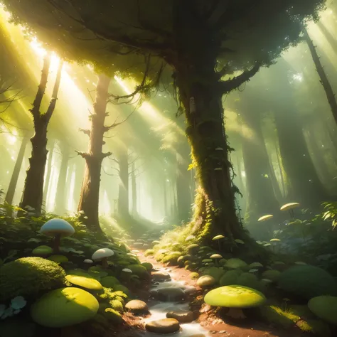 (Tyndall effect),Amazing forest mushroom landscape，The tall mushroom points straight to the sky, Sunlight shines through the gaps in the mushrooms, Casts a golden light on the mushroom forest floor. Stream flows through mossy rocks, Create a peaceful atmos...