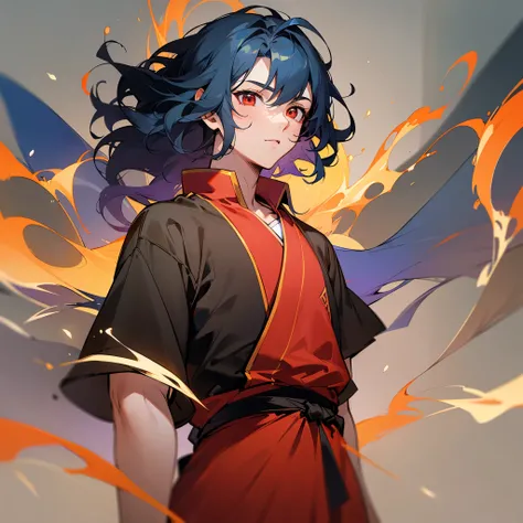 1male, Blue Hair , Black Highlighted Hair , Medium Length Hair,Wavy Hair,Red Eyes , Yukata , Red Clothing , Calm Expression , Unique Clothing ,Teen Male, Standing On Path  , Avatar the last Airbender , Fire Nation Clothing