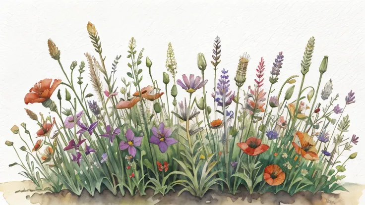 Watercolor painting wildflowers, lavender, poppies and grasses on white background