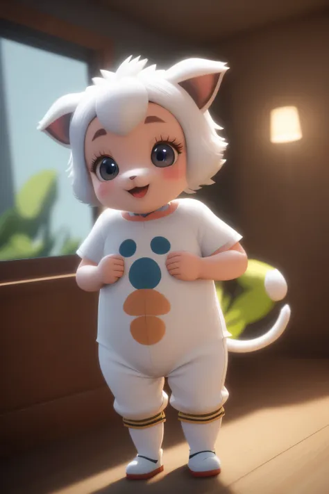 Vista frontal, 3D, em uma temporada de primaverz, a cute little anthropomorphic white firefly puppy, wearing deoletom pants, chinelos macios, corpo inteiro, standingn, olhos grandes brilhantes, rosto sorridente doce, detalhes peludos complexos, soft film l...