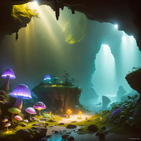 (Tyndall effect),A cave filled with glowing exotic plants, Create a dreamy and colorful atmosphere. sunlight shining through，Casts a golden light on the ground，The plants emit Energetic hues of purple, blue, and green, Create a charming glow，lighting up th...