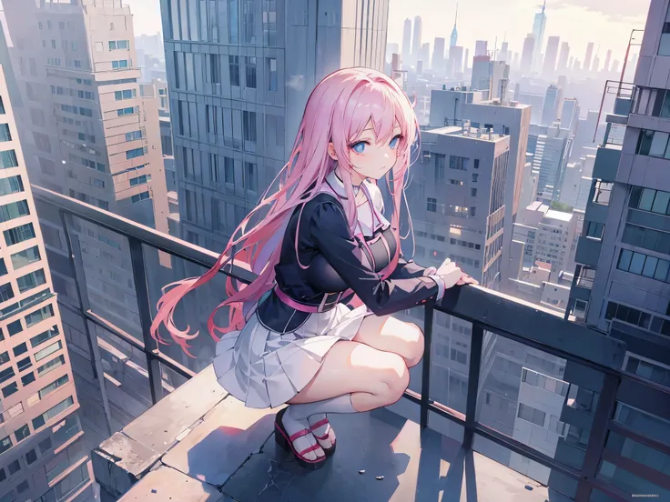 anime girl sitting on a ledge in a city with buildings in the background, seductive anime girl, attractive anime girl, beautiful anime girl, beautiful anime high school girl, beautiful anime girl squatting, anime girl, (anime girl), anime best girl, anime ...