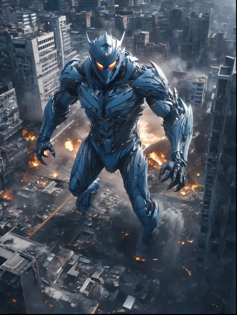 8K resolution, ((highest quality)), ((masterpiece)), ((super detailed)), monster, ウルトラマンのmonster, special effects, cool, urban area, destroyed city, whole body, dynamic, pull composition