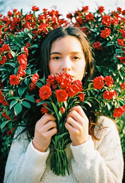 best quality,film grain,close-up,holding red flowers,white sweater,looking away from camera,