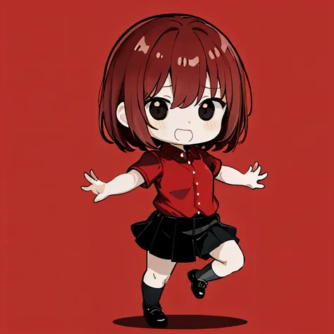 red polo shirt、chibi character、black pants、simple background