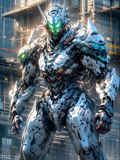 8K resolution, (((masterpiece))), (((highest quality))), (((super detailed))), ((very delicate)), Giant Mechs, cool, stylish, Hero, special effects, Ultraman, Blue armor, Eyes glow silver, urban area, destroyed city, whole body, dynamic, pull composition