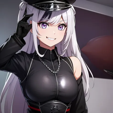 a girl in black military uniform, black military hat, purple eyes, silver hair, next to a naval port, smiling