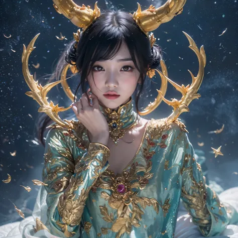 Antlers Flying Nine Tails Light Blue Heavenly Master Flame Hair Star，Moon Night black, gold and orange snake print silk trousers，Rouge Diamond Tulle Sheer Lizard Print，Girl flying in space in the snow 1:900 miniatures，Front view，pure transparency，put on bo...