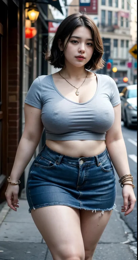 ((best quality)), ((masterpiece)), (detailed), perfect face, araffe woman in a long dark-blue shirt and blue denim skirt walking down a street, thicc,  wavy  short hair , she has a jiggly fat round belly, bbwchan, wearing tight simple clothes, skinny waist...