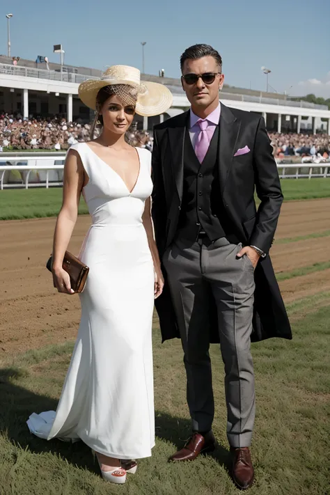 fashion at the races, man and woman standing showing their attire and full length body showing their shoes