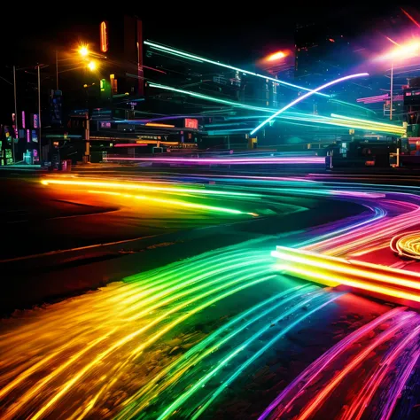 best quality, 32k, RAW photo, incredibly absurdres, extremely detailed, (Tyndall Effect:1.4), iridescent rainbow neon colors, motion-blur, action-lines, speed-lines, background mad black