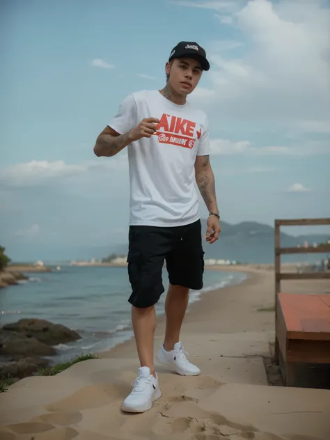 Um Homen, Justin Bieber, branco, extremamente realista, Black cap, white Nike sneakers, bermuda preta, camiseta branca, fundo muito lindo