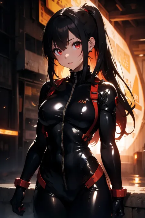 Waist up hyper detailed beauty Tifa Lockhart (masterpiece) in detailed black & golden plugsuit (Evangelion aesthetic style), best quality, sharp focus, glowing