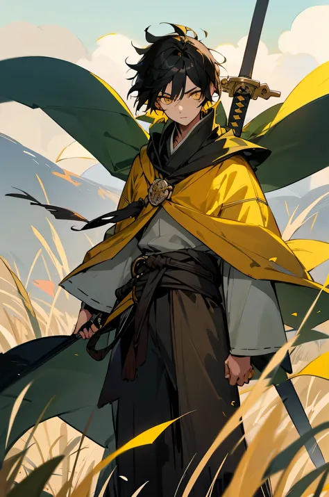 Young Adult, Male, Black Hair, poncho, One sword in Hand the other on back, sheathe, grassland background, Yellow eyes, Freedom Fighter Clothing, Masterpiece Quality, Perfect Generation.