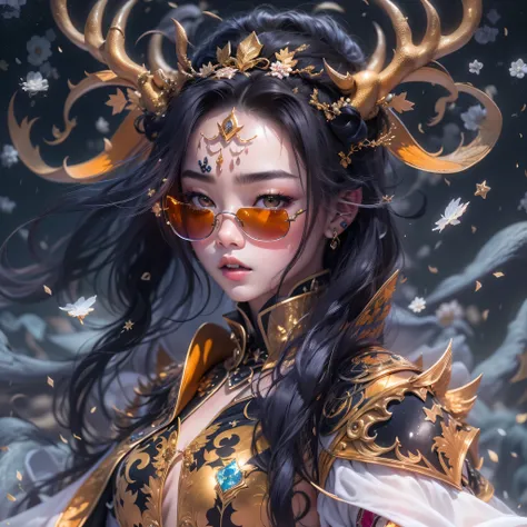 Antlers Flying Nine Tails Light Blue Heavenly Master Flame Hair Star，Moon Night black, gold and orange snake print silk trousers，Rouge Diamond Tulle Sheer Lizard Print，Girl flying in space in the snow 1:900 miniatures，Front view，pure transparency，put on bo...