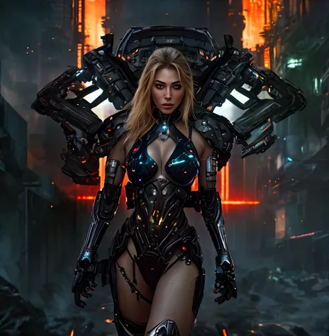 medium shot photo of sexy female cyborg wearing scratched and tarnished futuristic armor in a destroyed futuristic city, fantasy, sci-fi, beautiful feminine face, seductive, sexual, mist, vivid alluring eyes, best quality masterpiece, photorealistic, detai...