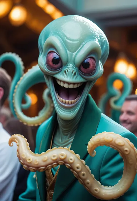 Ektachrome, Romantic, Realism, flat lighting, gilded technique, DOF, bokeh , A THICC cyan (skinned tentacled alien being wearing traditional clothing:1.3) on vacation enjoying the local party scene  at noon in Under the sea in the deep hidden city of Atlan...