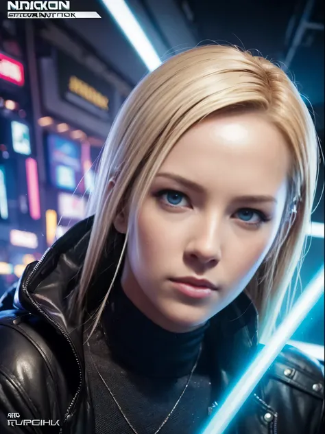 (photo realistic:1.4), (hyper realistic:1.4), (realistic:1.3), (smoother lighting:1.05), (increase cinematic lighting quality:0.9),(((Cyberpunk  magazine covers))),glossy cover,Android 18 from Dragon Ball,Rainbow Color