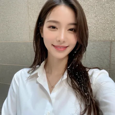 ((highest quality, 8k, masterpiece: 1.3)), sharp focus: 1.2, beautiful woman with perfect figure: 1.4, slim abs: 1.2, (layered hairstyles,: 1.2)), (wet white button long shirt: 1.3), rain: 1.3, street: 1.2, wet body: 1.1, Highly detailed face and skin text...