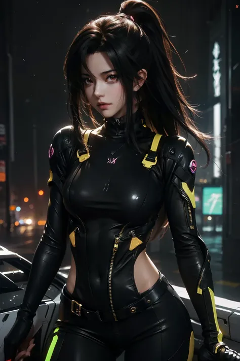 Waist up hyper detailed beauty Tifa Lockhart (masterpiece) in detailed black & golden plugsuit (Neon Genesis Evangelion aesthetic style), best quality, sharp focus, glowing