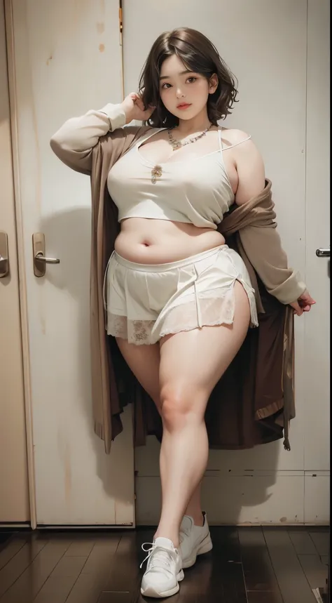 1 girl, slightly obese body, big size, round face, double chin, overweight, Shoulder length Fluffy short curly hair , high-long white hoodie lace gauze  skirt ，navel，holding her weight on her stomach and looking at the camera，dark room, walking , wearing a...