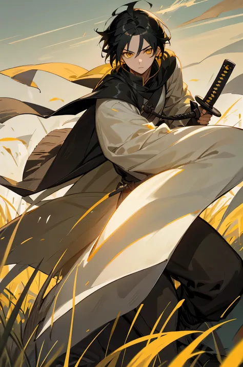 young adult, male, black hair, poncho, swordsmen, sheathe, grassland background, yellow eyes, freedom fighter clothing, masterpi...