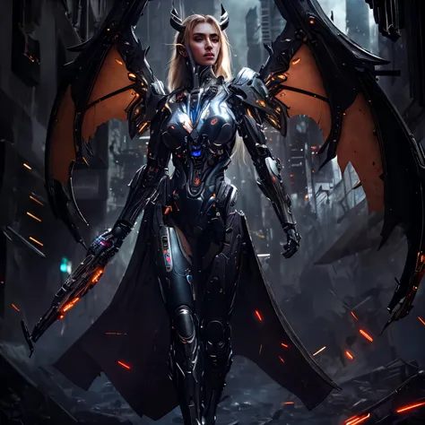 medium shot photo of sexy female cyborg wearing scratched and tarnished futuristic armor with wings in a destroyed futuristic city, fantasy, sci-fi, beautiful feminine face, seductive, sexual, mist, vivid alluring eyes, best quality masterpiece, photoreali...