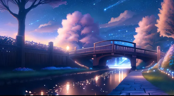 stars in clouds, long path without people, next to a wooden bridge, beautiful flowers next to the bridge, river flowing under th...