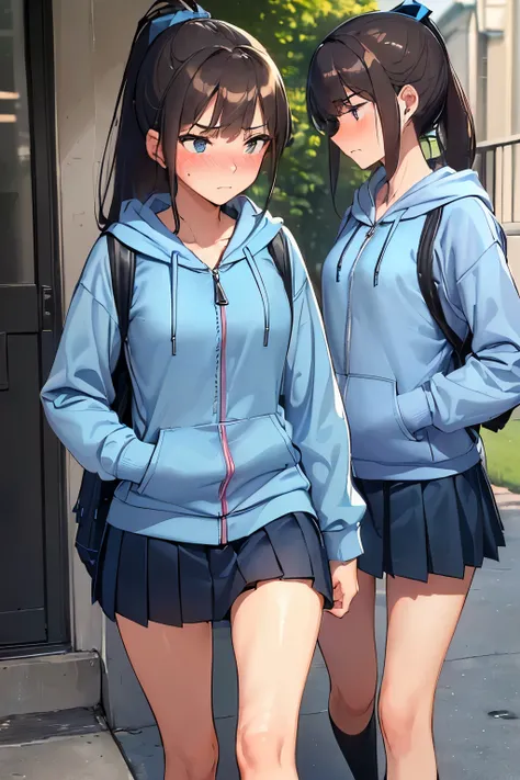 ((best quality)), ((masterpiece)), (detailed), (((perfect face))), (((slender 18yo teenage girl))), (((wearing light blue hoodie zipped))), (((skinny thighs))), (((skinny hips))), (((dark blue pleated skirt))), ((brunette)), (((ponytail))), ((shy:1.3)), ((...