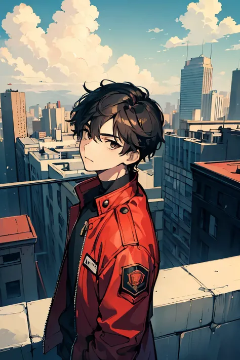 (((masterpiece))), ((best quality)), 1boy, male, close up, teenager, high schooler, ((looking away from camera)), (looking up to the sky), red jacket, black hair, black eyes, hopeful eyes, straight face, at rooftop, city view, clouds