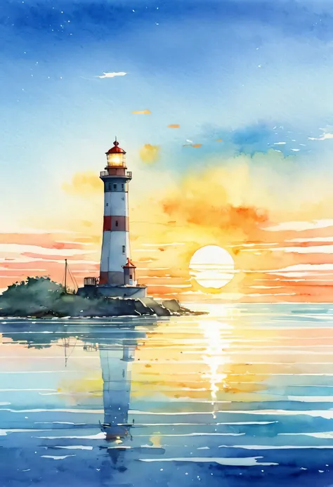 concept art 、lighthouse、seaside、watercolor style、The sky reflected on the water surface、Sunrise over the horizon