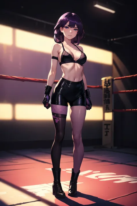 (Masterpiece, Best quality:1.2), One, 1 girl, Kafka, arrogant smile, I look at the viewer, seiza, black bra, tights, boots, purple boxing gloves, standing in an empty boxing ring