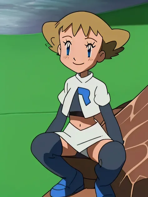 view of the valley, with grass, team rocket uniform, red letter r, white skirt,white crop top,black thigh-high boots, black elbow gloves, evil smile, looking at viewer, hands on hips, spread legs, sitting down, panty shot
