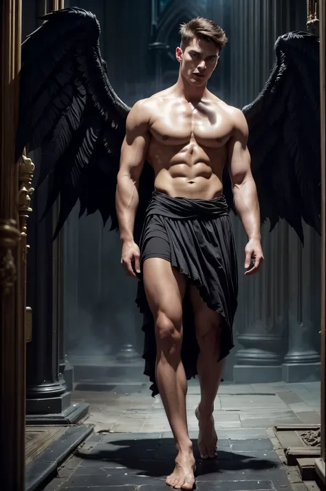 Photorealistic, ((best quality)), ((masterpiece)), (detailed), walking towards the camera, perfect face, masculine portrait , personification, (evil look), super pale skin, (massive huge majestic black angel wings:1.5), black dragon horns, 18-year-old, sup...