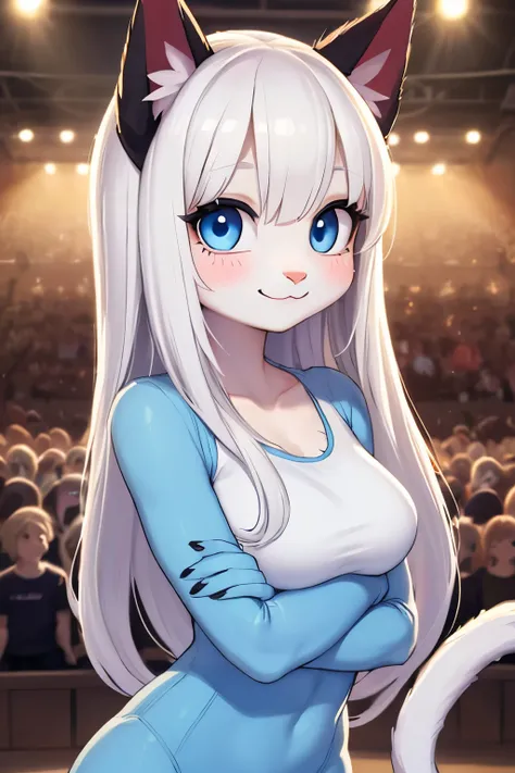 (Hi repaint)) , ((best quality)), illustration, hairy, 
Cat, animal ears, Tail, bodysuit, 1 girl, leave, Upper body, 1 girl, alone, long hair, white hair, *//*, blue eyes, *//*, White shirt, looking at the audience, Smile,