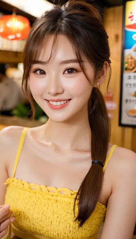 uhd, close-up of cute korean female,chest size 32 inches, ponytail, smile, wearing crop top, at the ramen shop