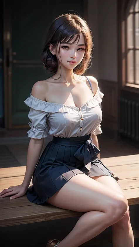 official art, unity 8k wallpaper, ultra detailed, beautiful and aesthetic, masterpiece, best quality, a beautiful Korean girl with delicate appearance, wearing a blue and white sailor student skirt, shoulders, waist, beautiful collarbone and upper circumfe...