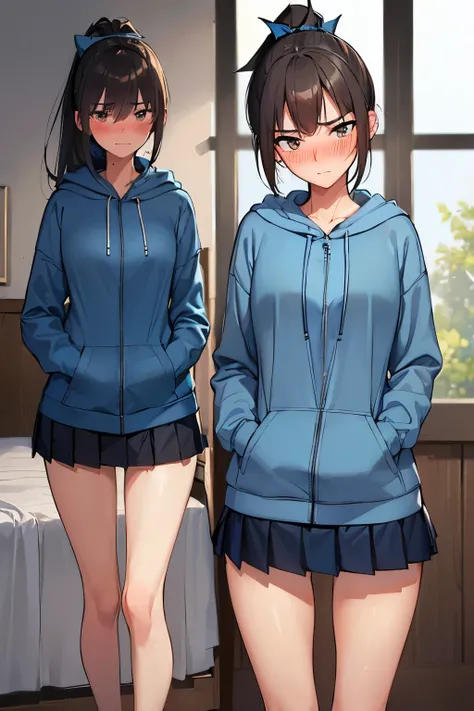 ((best quality)), ((masterpiece)), (detailed), (((perfect face))), (((slender 18yo teenage girl))), (((wearing light blue hoodie zipped))), (((skinny thighs))), (((skinny hips))), (((dark blue pleated skirt))), ((brunette)), (((ponytail))), ((shy:1.3)), ((...