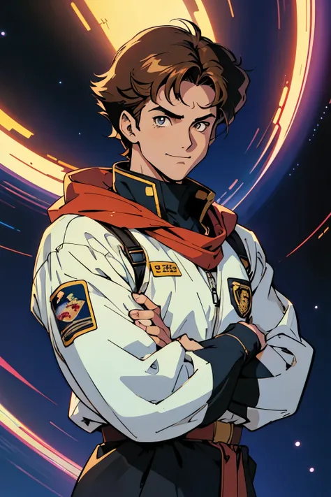 dark muted colors，Soft picture，Retro anime, 1990s anime, 1980s anime, Retro anime，Retro anime style，Paul Atreides, Masterpiece, Best quality, 1boy, solo, gold eyes, short brown hair, military cut, sci fi，space uniform, smirk, transparent background, mature