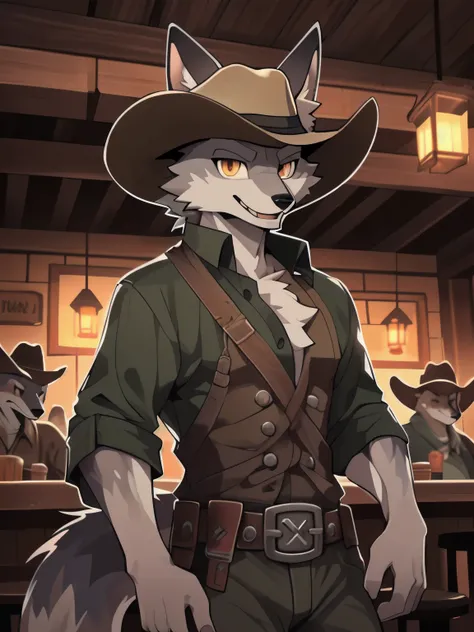 masterpiece, best quality, perfect anatomy, Bright Eyes,  By Ruhu1145, 透過 k0bit0wani, hairy, gray fox, with hat，(trigger:0.25), male,( alone：1.1), loose clothes, (open smile:1.1), Insidious , looking into camera), Cowboy，Mexican Tavern， (night view:0.4)