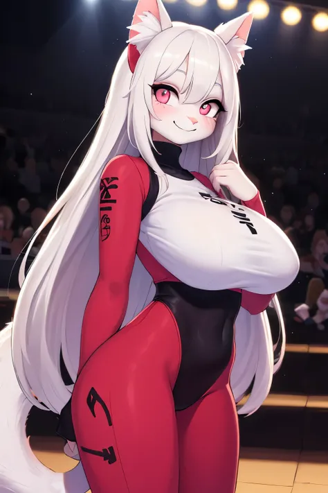 (Hi repaint)) , ((best quality)), illustration, hairy, 
Cat, animal ears, Tail, bodysuit, 1 girl, leave, Upper body, 1 girl, alone, long hair, white hair, ,pink eyes, White shirt, looking at the audience, Smile,(Big breasts）