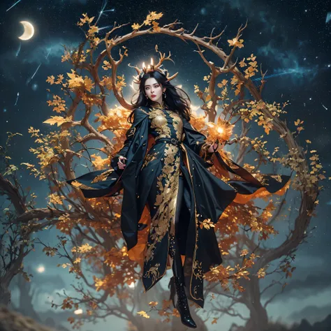 Antlers Flying Nine Tails Light Blue Heavenly Master Flame Hair Star，Moon Night black, gold and orange snake print silk trousers，Rouge Diamond Tulle Sheer Lizard Print，Girl flying in space in the snow 1:900 miniatures，Front view，pure transparency，put on bo...