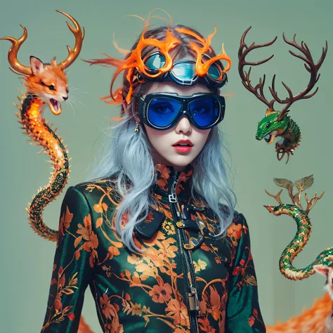 （（（Windproof goggles）））（windproof sunglasses）Antlers Flying Nine Tails Light Blue Sky Master Flame Hair Star，Black moonlit night, Gold and orange snake-print silk trousers，Rouge Diamond Tulle Sheer Lizard Print