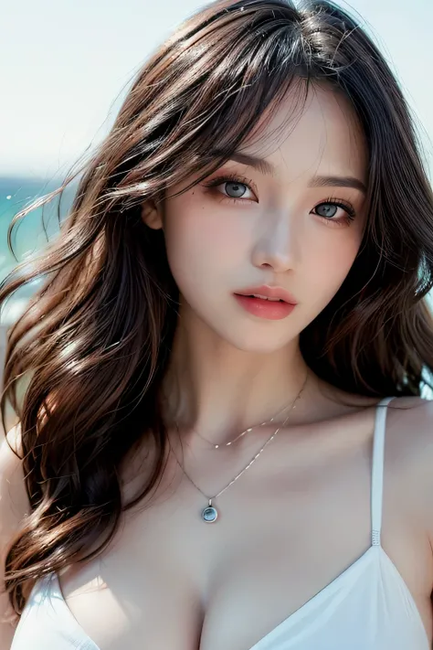 (beste-Qualit、A high resolution、​masterpiece:1.3)、Tall and cute woman、big chest out、Dark brown hair styled in loose waves、breastsout、Wearing a pendant、a white bikini、(Coast in the background)、Details exquisitely rendered in the face and skin texture、Detail...