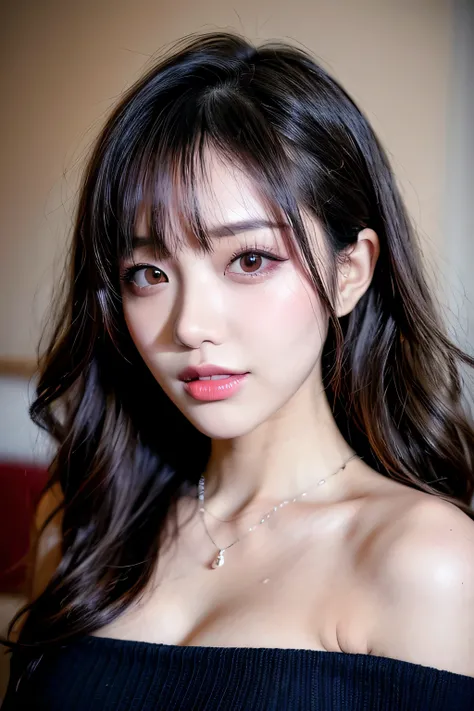 Canon RF85mm f/1.2,masterpiece,best quality,ultra highres,vc,1 girl,(korean mixed,kpop idol:1.2),solo,white_shiny_skin,black eyes,necklace,((brown_short_wavy_hair)),((pink_shiny_lips)),eyelashes,bangs,aface,make-up,shiny,Pore,skin texture,bracelet,offshoul...