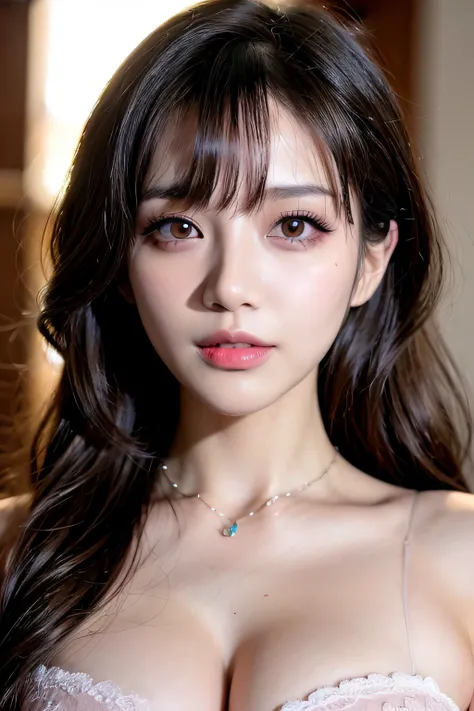 Canon RF85mm f/1.2,masterpiece,best quality,ultra highres,vc,1 girl,(korean mixed,kpop idol:1.2),solo,white_shiny_skin,black eyes,necklace,((brown_short_wavy_hair)),((pink_shiny_lips)),eyelashes,bangs,aface,make-up,shiny,Pore,skin texture,bracelet,offshoul...