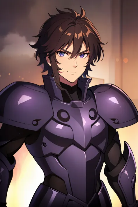 (high-quality, breathtaking),(expressive eyes, perfect face), 1male, male, solo, half body, armor, dark onyx purple armor, saint...