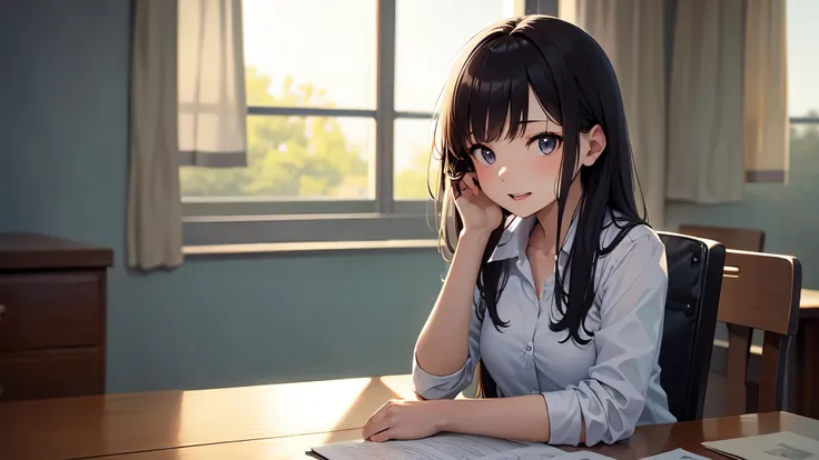 a junior high school student, female, (beautiful and cute), solo character, sit at the desk, turn her head down to look at the table,(with shy reaction), facing the camera in profile, The sunlight outside is exceptionally bright, ((front-shot)), atmospheri...